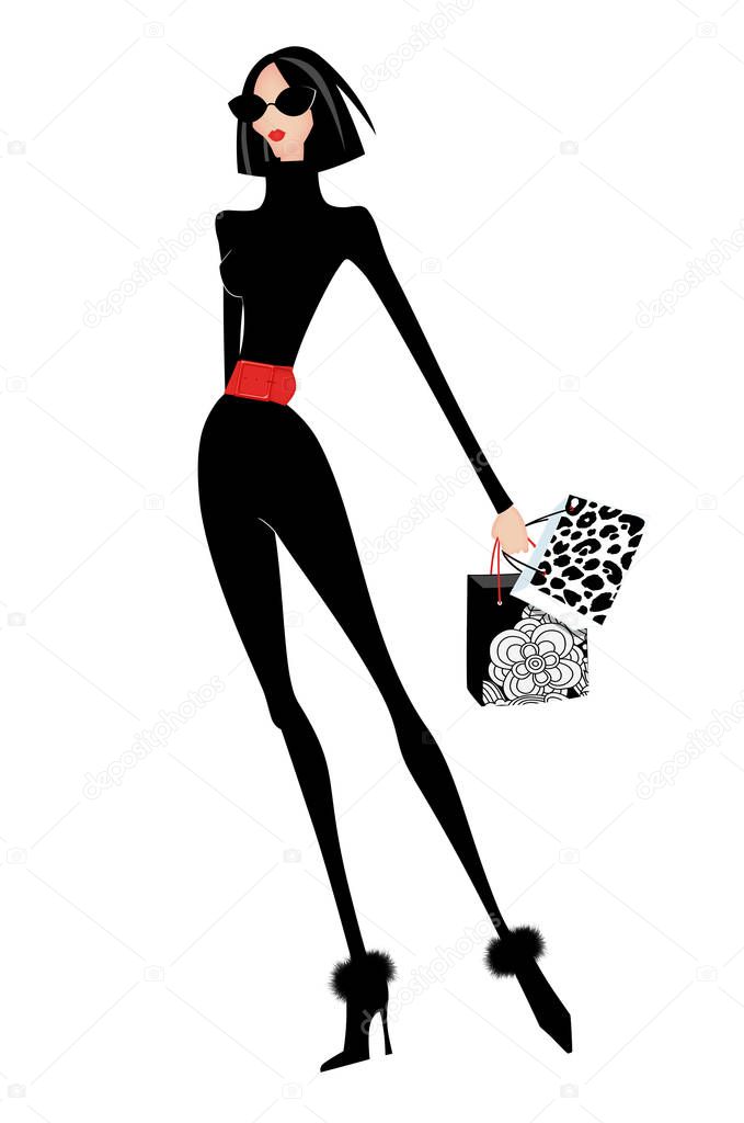 Stylish Brunette Woman With Shopping Bags