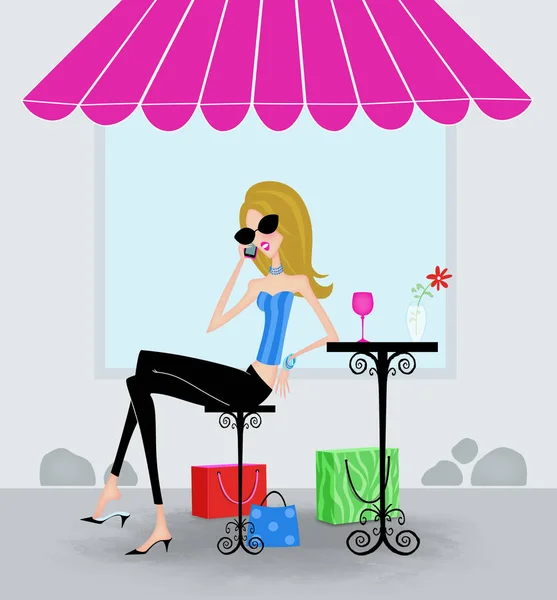 Fashion Illustration of a Stylish Woman at a Sidewalk Cafe on He — Stock Photo, Image