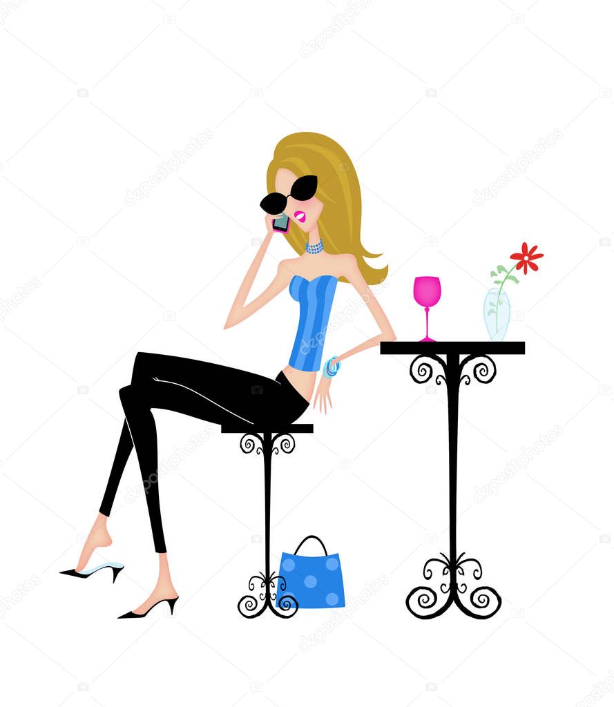 Fashion Illustration of a Stylish Woman at a Sidewalk Cafe on He