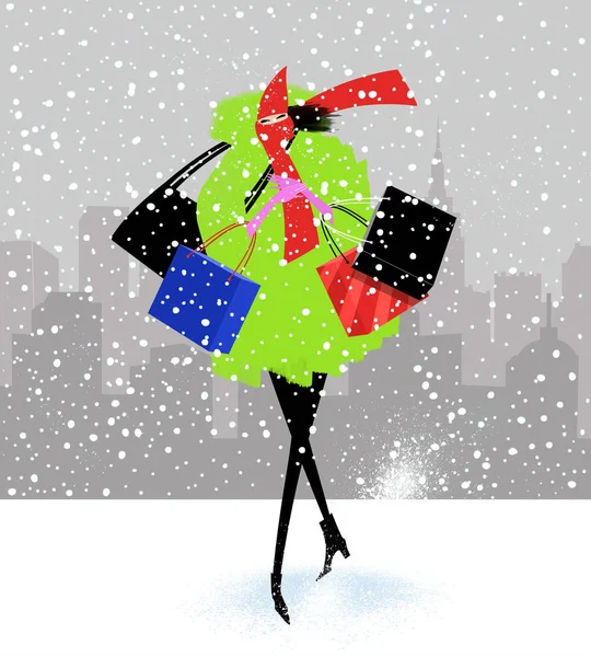 Стильная женщина делает покупки в снежный день — стоковое фото