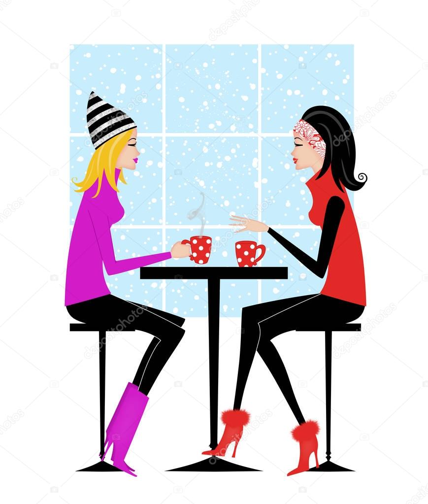 Two Girlfriends Drinking Coffee or Hot Chocolate