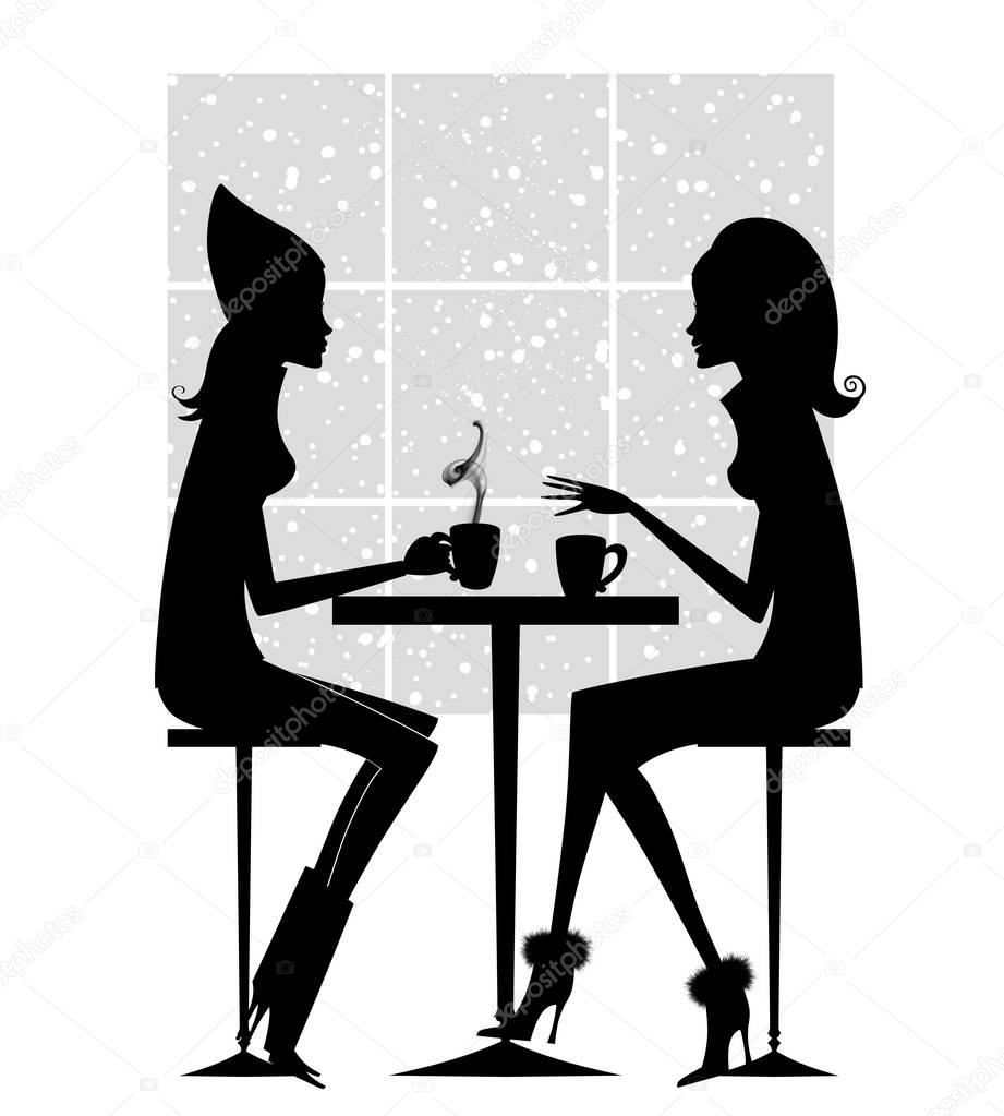 Fashion Silhouette of Two Girlfriends Having Coffee