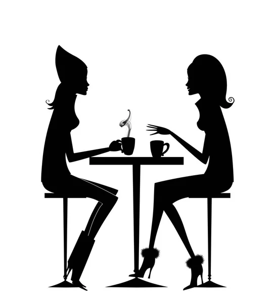 Fashion Silhouette of Two Girlfriends Having Coffee — Stock Photo, Image