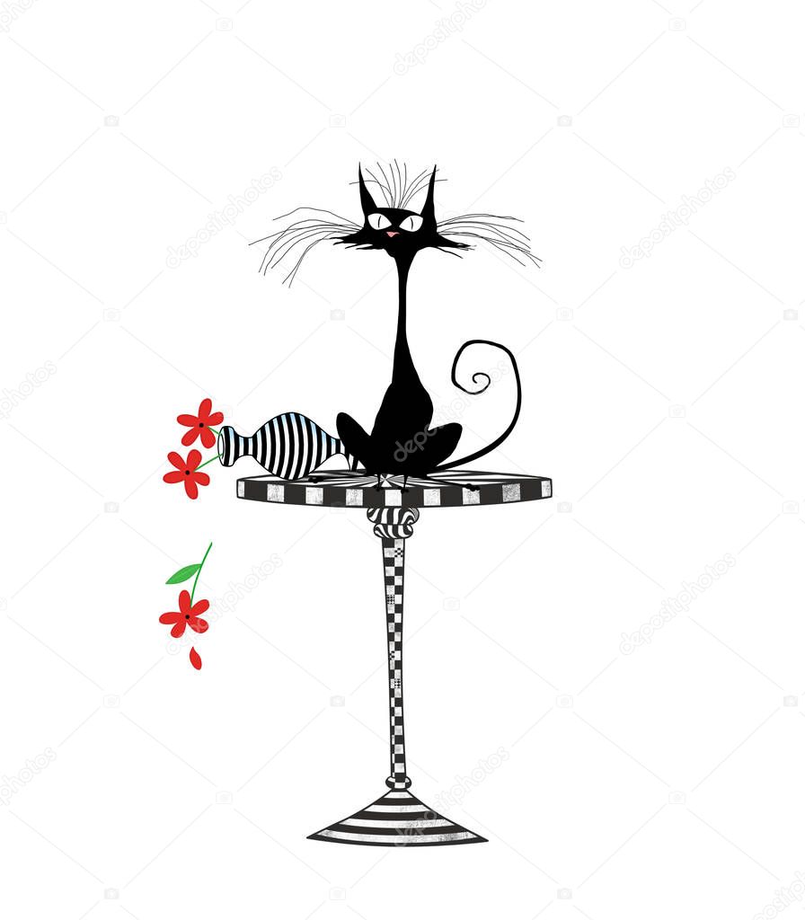 Funny Startled Cat Who Knocks Over a Vase Isolated on White