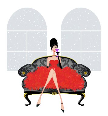 Pretty Young Woman on a Damask Loveseat in a Red Party Dress clipart