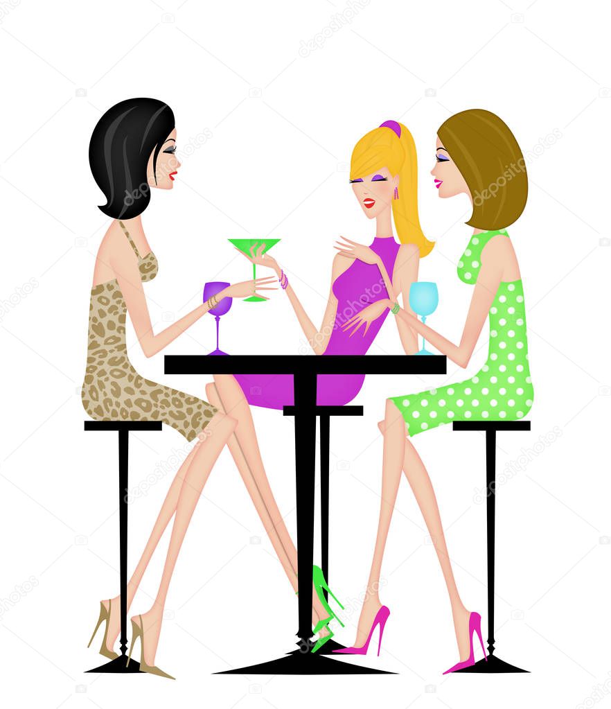 Three Chic Girlfriends Having Drinks Together