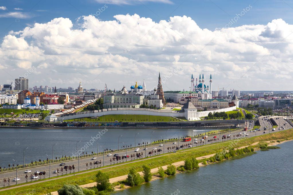 Panorama of the Kazan Kremlin, view from the street of the Decembrists. Kazan, the Republic of Tatarstan, Russia
