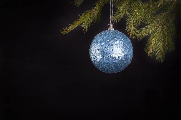 Boule de Noël bleue sur une branche d'épinette — Photo