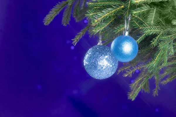 Tannenzweige und Weihnachtsschmuck auf dunkelblauem Grund. Weihnachtlicher Hintergrund. Selektiver Fokus. Platz für Text. — Stockfoto
