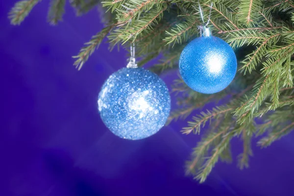 Spar takken en kerstversiering op een donker blauwe achtergrond. Kerstmis achtergrond. Selectieve aandacht. Plaats voor tekst. — Stockfoto