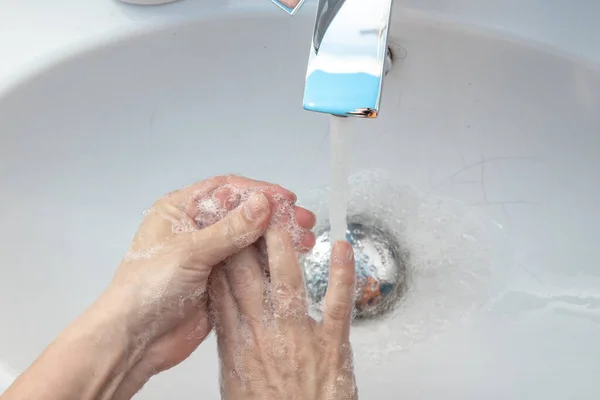 Top Close View Woman Standing Bathroom Washing Her Hands Flowing — Stock Photo, Image