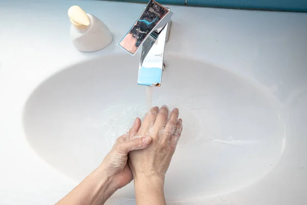 Top Close View Woman Standing Bathroom Washing Her Hands Flowing — Stock Photo, Image