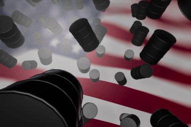 Birleşik Devletler 'de petrol üretimi. Fıçıların yanında Amerikan bayrağı. 