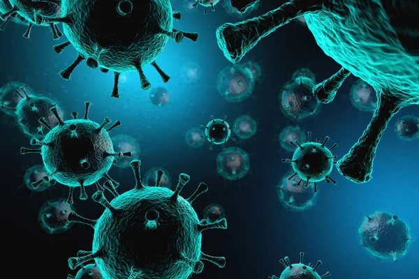对传染性病毒的微观观察。一种疾病的传染和传播。Corona COVID-19 。Sars 。流感。3D渲染 — 图库照片