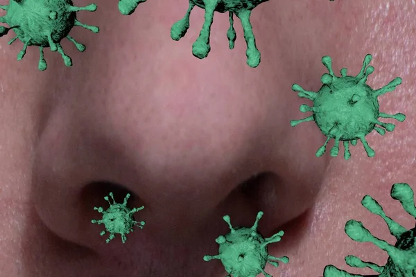 由带有人类发烧征状的传染性微生物引起的流感概念及季节性流感病毒的传播，感染鼻、喉作为致命的显微细胞，并附有3D个说明性元素. — 图库照片