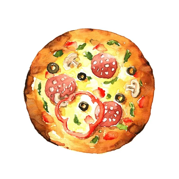 Pizza. Aquarel handgetekende illustratie — Stockfoto