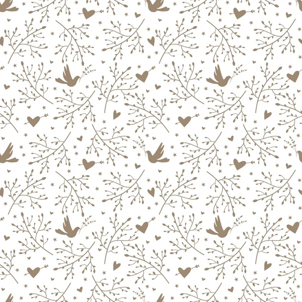 Seamless pattern with birds, branches and hearts — Stock Photo, Image