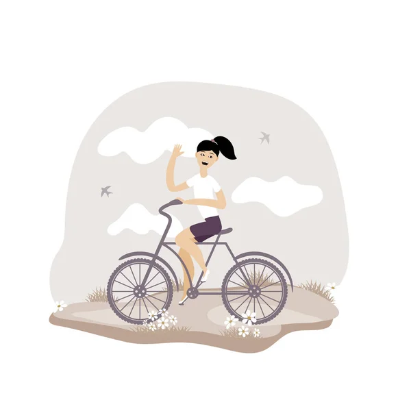 Young girl rides a bicycle. Vector illustration. — ストックベクタ