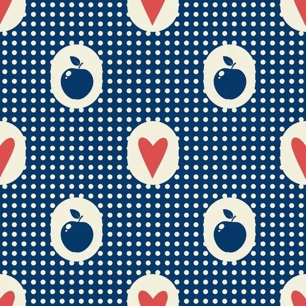 蓝白色波尔卡圆点无缝Jpeg图案与红心和苹果 — 图库照片