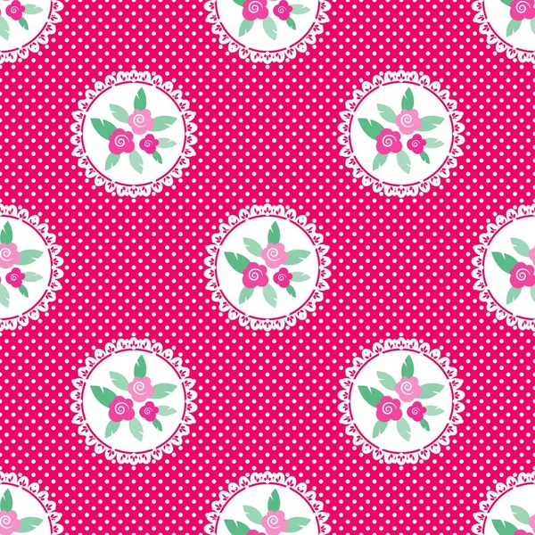 Rosafarbenes Weißes Polka Dot Nahtloses Jpeg Muster Mit Floralen Elementen — Stockfoto