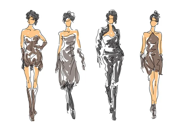 Sketch Fashion Poses - mulheres em roupas atraentes — Vetor de Stock