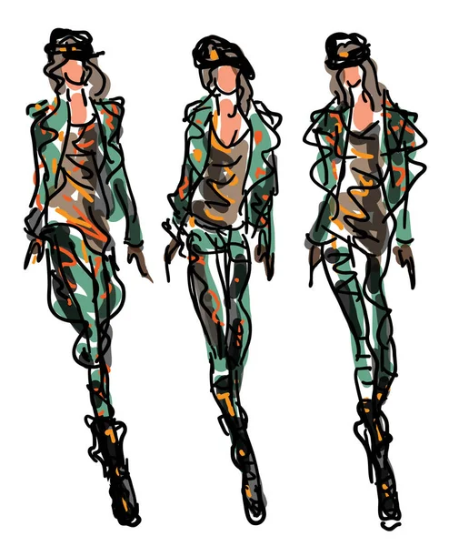 草绘迷彩衣服-军事风格的时装模特 — 图库矢量图片