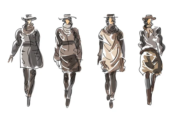 Skizze Mode Frauen - Kleidung für kalte Tage — Stockvektor