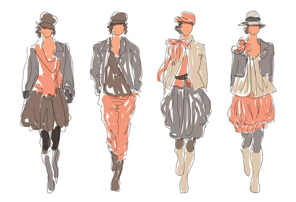 Esquisse Rétro Mode Femmes Modèles — Image vectorielle