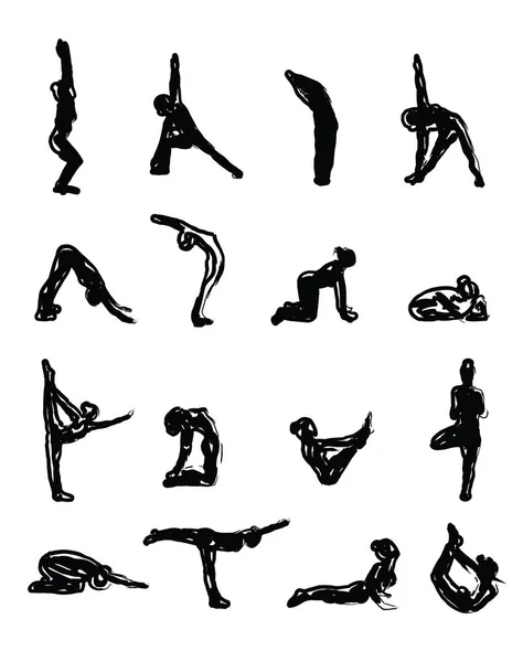 Asanas dessinées à la silhouette de yoga — Image vectorielle