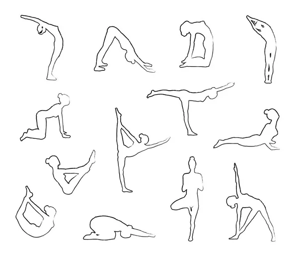 Yoga Silhouetten Asanas Skizzieren — Stockvektor