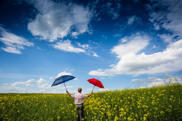 Businessman in rape field with umbrella