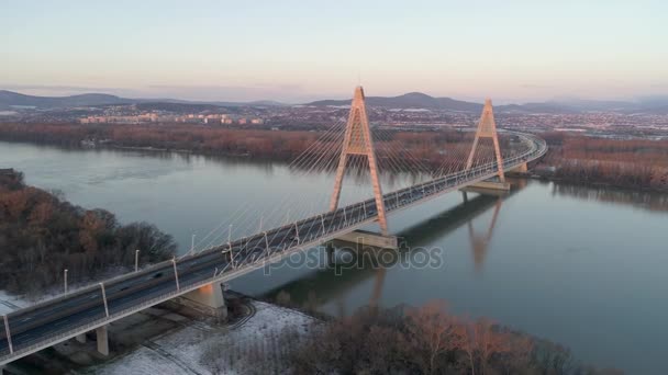 Luchtfoto Video Van Megyeri Brug Rivier Donau — Stockvideo