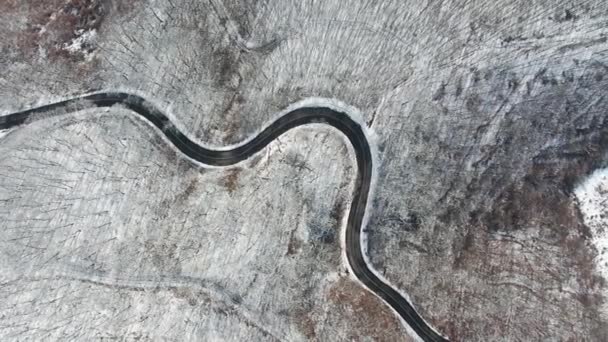 Luchtfoto Van Bochtige Weg Mecsek Bos Winter — Stockvideo