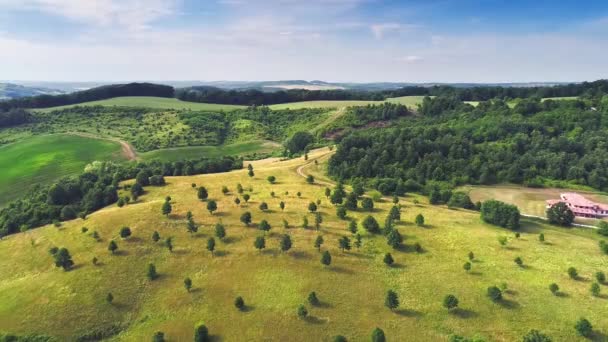 Beautiful Aerial Shot Green Hills Valleys — Stock Video