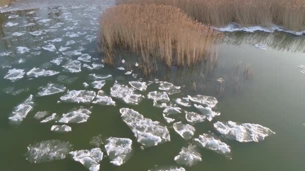 寒冰冰的巴拉顿湖无人驾驶飞机冬季景观 — 图库视频影像
