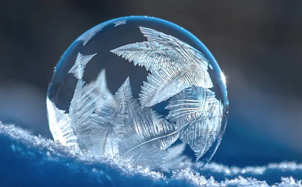 Bolha Sabão Congelado Com Padrões Gelados Neve Perto Fundo Borrado — Fotografia de Stock