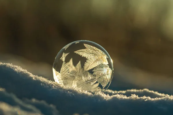 Bolha Sabão Congelado Com Padrões Gelados Neve Perto Fundo Borrado — Fotografia de Stock