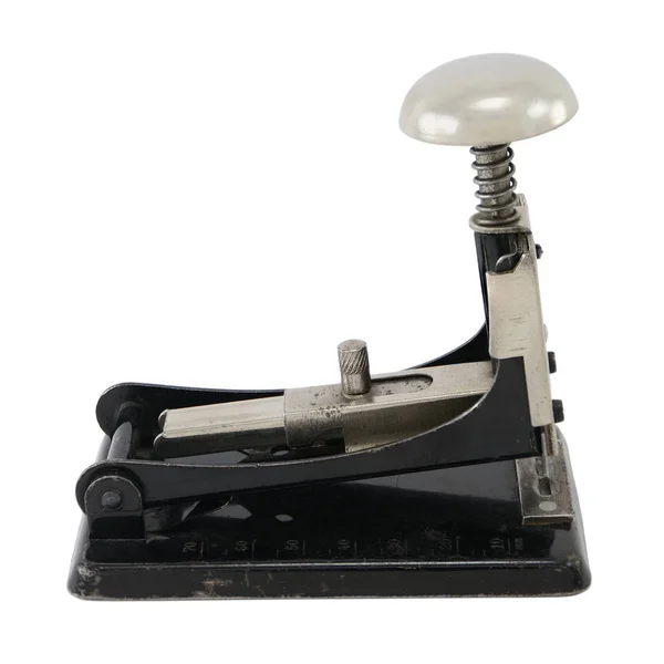 Old-fashioned black metal stapler, isolated on white. — Stock Photo, Image