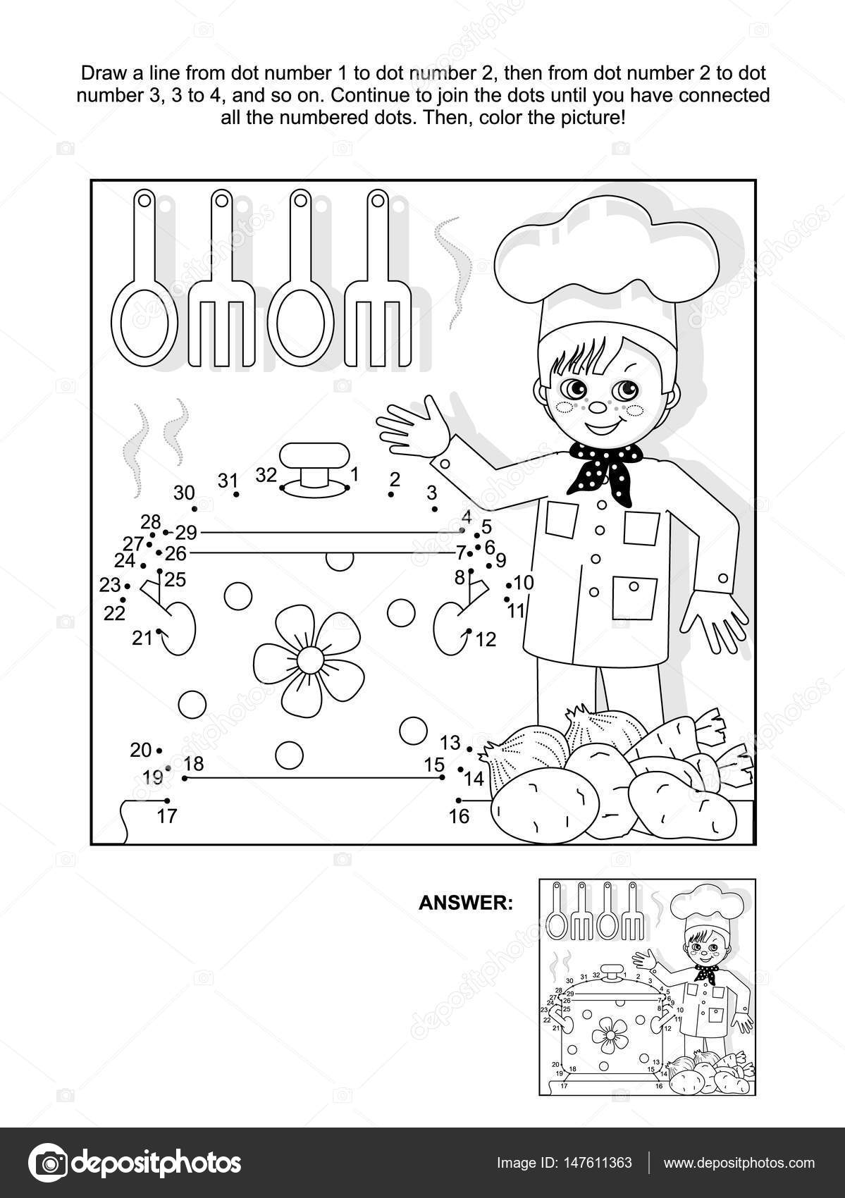 Pagina Van Het Punt Naar Dot En Kleuren Met Jonge Chef Kok