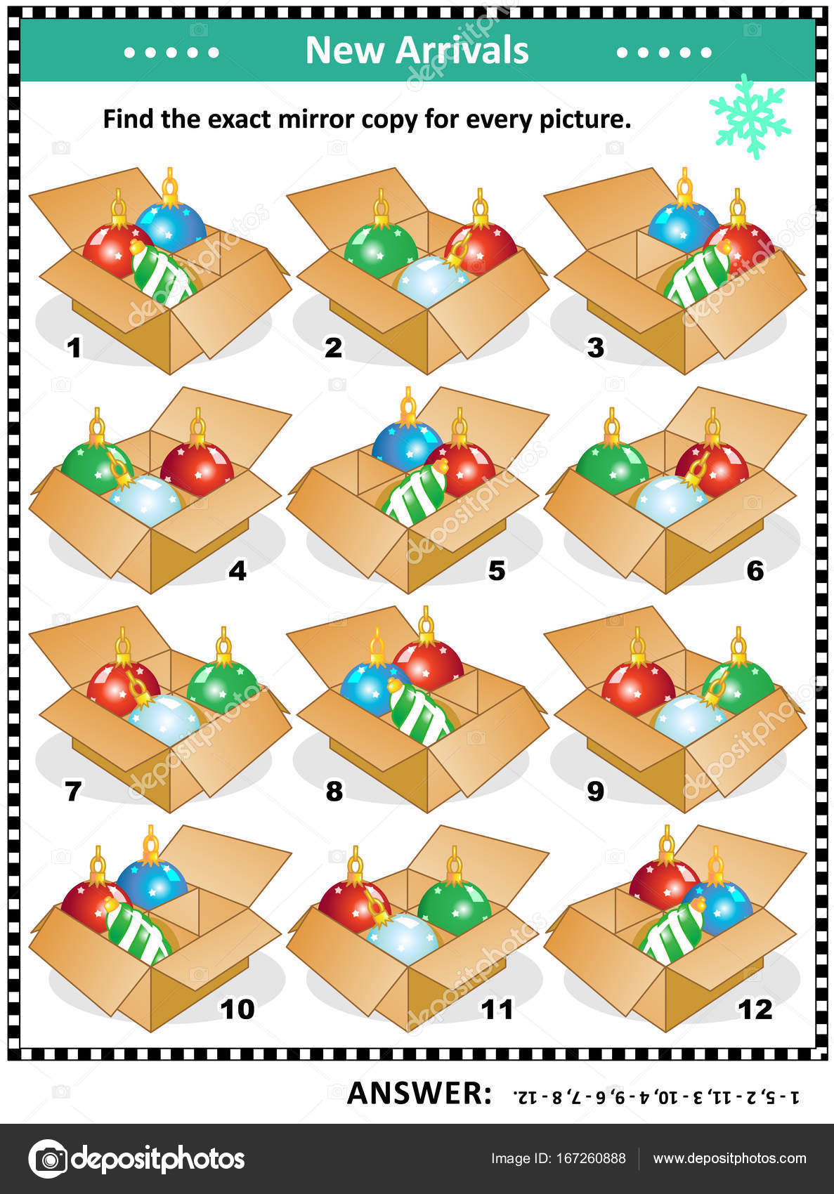 Christmas or New Year visual riddle with packaged ornaments Stock