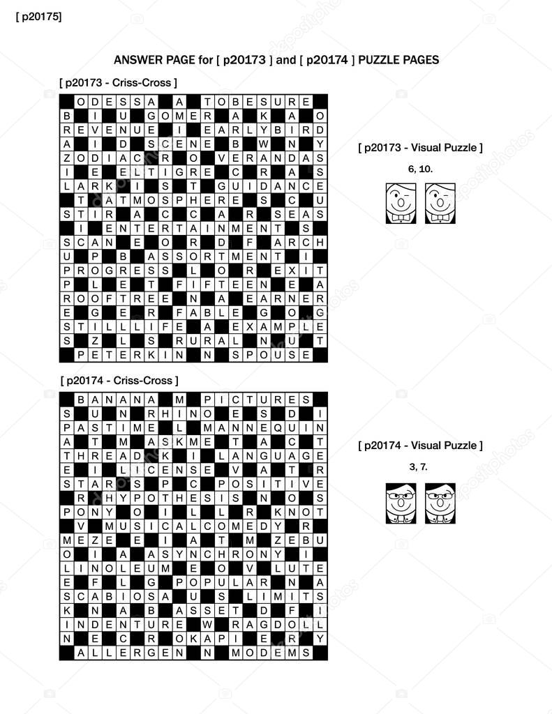 Answer Page For Previous Puzzle Pages P20173 And P20174 With Two Games On Each Page 19x19 Fill In Crossword Puzzle And Visual Puzzle With Whimsical Faces Black And White A4 Or Letter