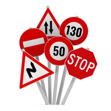 yol işaretleri grubu beyaz arkaplan 3d oluşturma