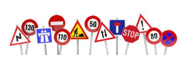 yol işaretleri grubu beyaz arkaplan 3d oluşturma