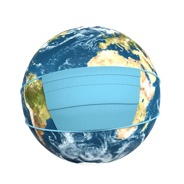 带外科口罩的行星地球 3D渲染白色背景 — 图库照片