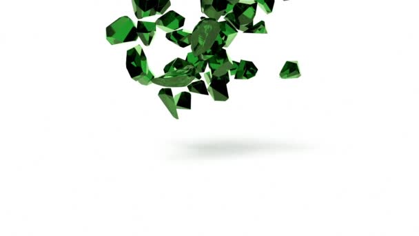 Group Emeralds Falling White Background Rendering — Stock Video