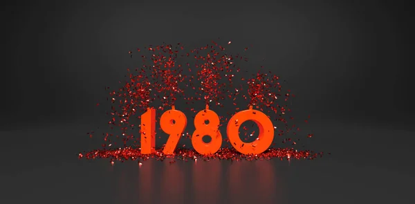 1980 Orange Text Med Konfetti Mörkgrå Bakgrund Rendering — Stockfoto