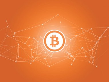 Turuncu soyut ağ kafes bitcoin logolu - vektör arka plan 