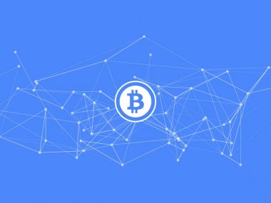 Bitcoin logo - vektör arka plan ile mavi soyut ağ kafes