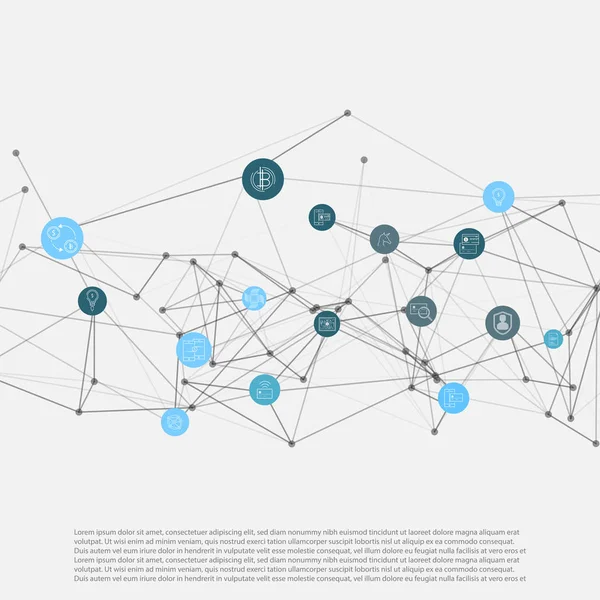 Maillage réseau abstrait avec collection d'icônes Bitcoin - fond vectoriel illustration — Image vectorielle