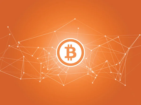 Orange abstract network mesh with bitcoin logo - vector background — Stock Vector